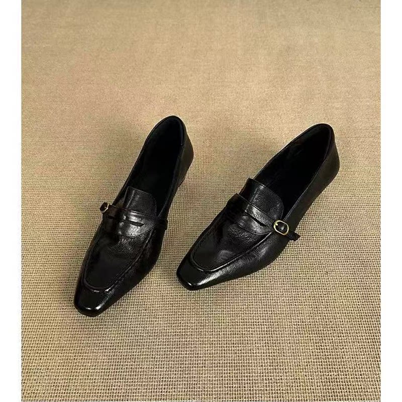 羊皮版~法式方头粗跟乐福鞋女通勤鞋气质一脚蹬单鞋皮带扣小皮鞋