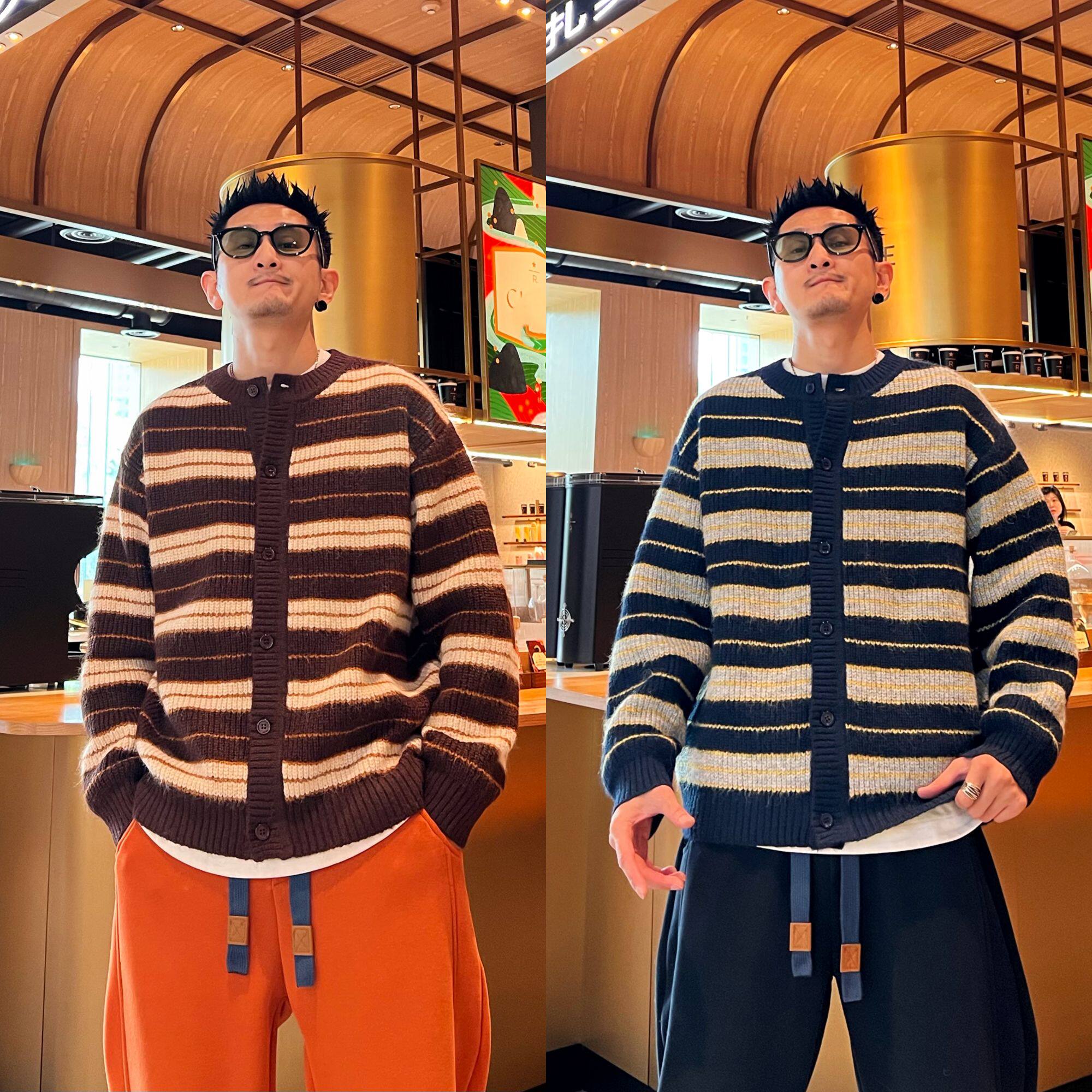 美式潮流时尚百搭个性复古条纹撞色宽松休闲男款针织开衫毛衣外套