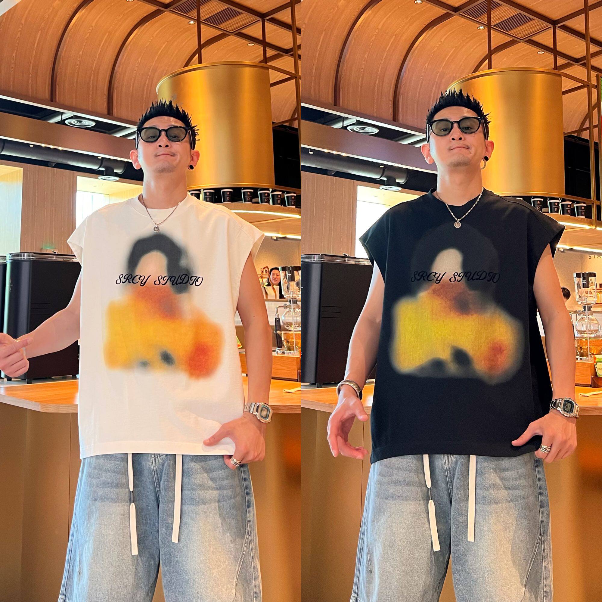 夏季新款美式休闲百搭纯棉虚影人物印花圆领潮流宽松男款无袖背心