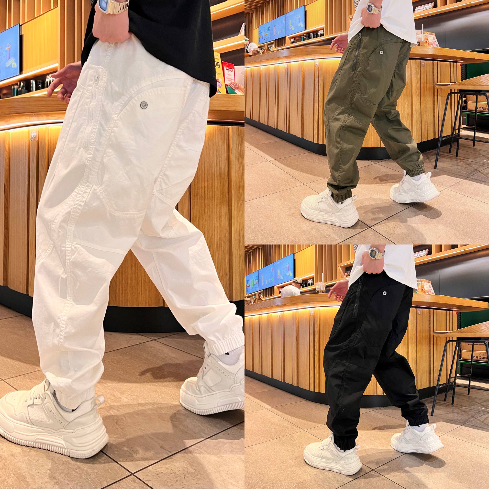 春夏新款时尚小众简约潮流宽松百搭束脚透气纯色男款工装休闲裤