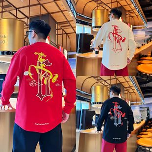 冬季马年新款百搭时尚潮流个性圆领套头印花长袖休闲宽松男款T恤