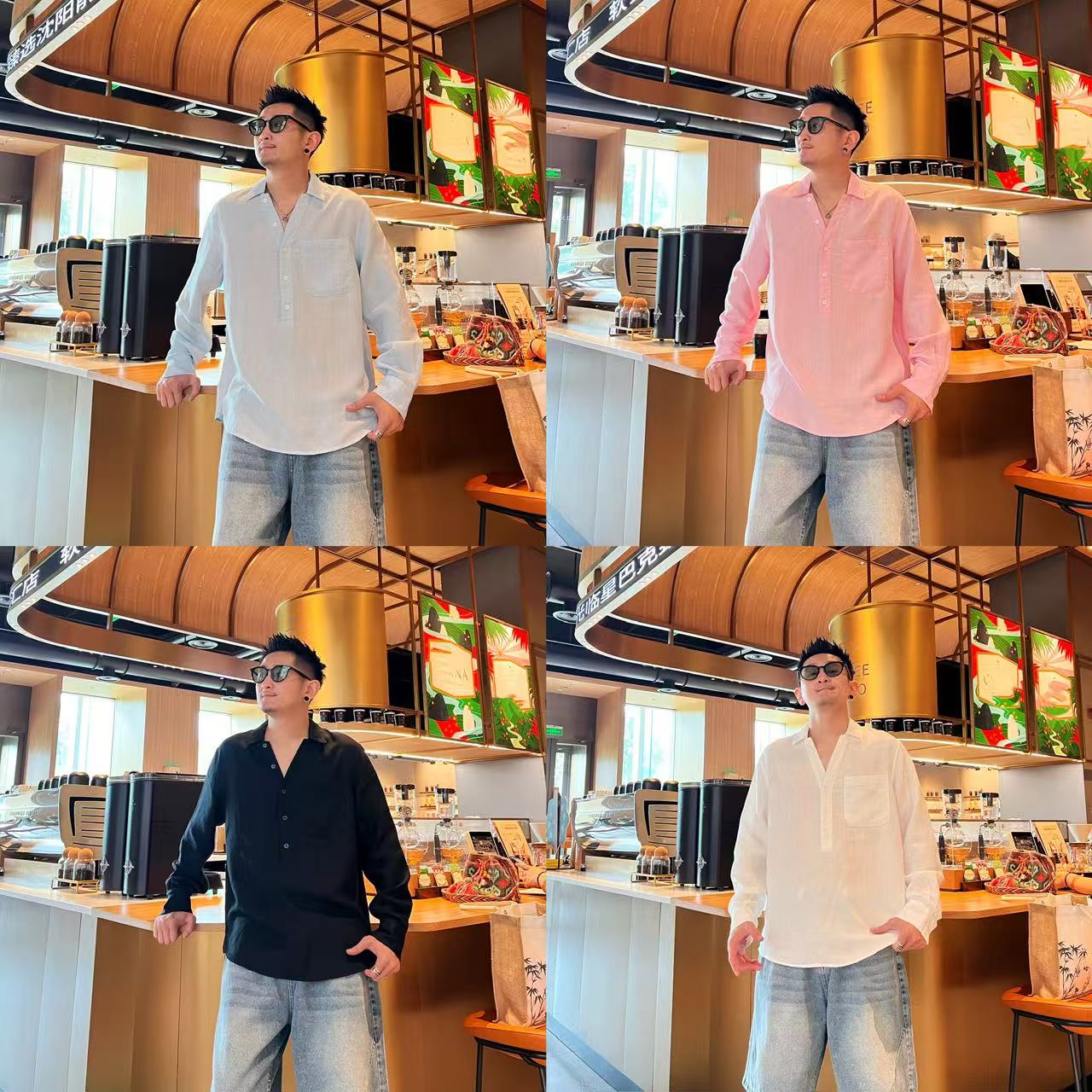 夏季新款时尚韩系慵懒风简约宽松V领设计感轻薄透气男款长袖衬衫