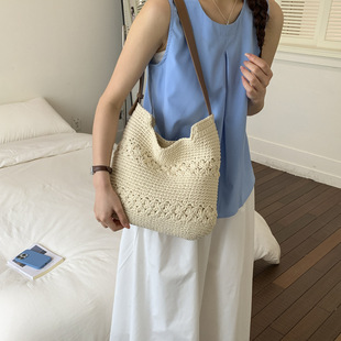 韩版度假风草编包夏日出游慵懒风拉链单肩斜跨大容量沙滩包托特包