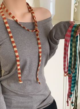 超独特！复古红色条纹丝巾项链长条窄版颈部配饰小众设计感颈链女