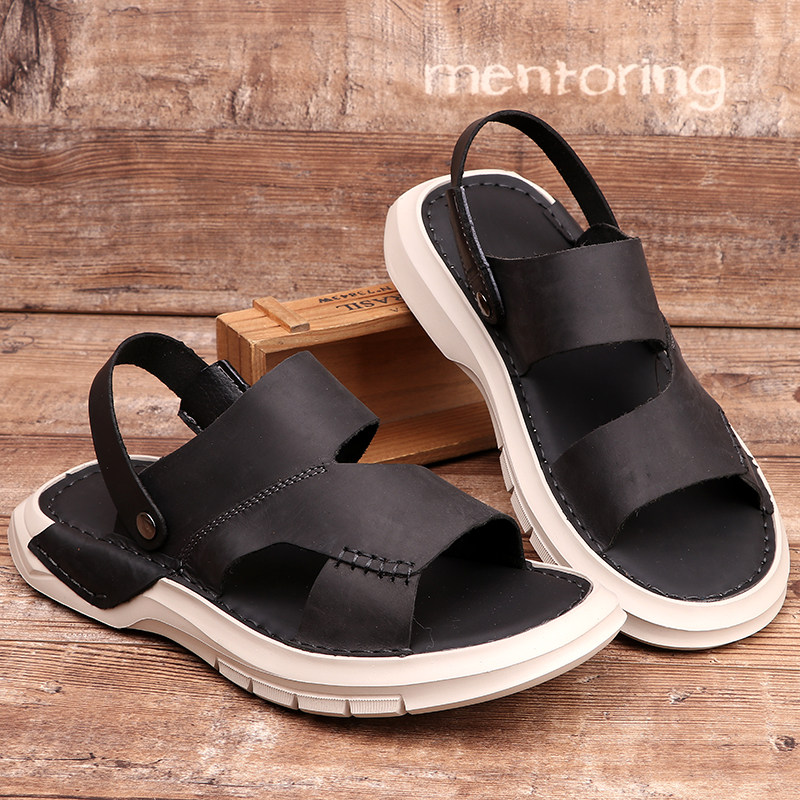 SANDALS MENS SUMMER NON-SLIP SOFT-SOLED GENUINE LEATHER THICK-SOLED ULTRALIGHT BEACH SHOES HAND-SEWN COWHIDE DUAL-PURPOSE LEATHER SANDALS
