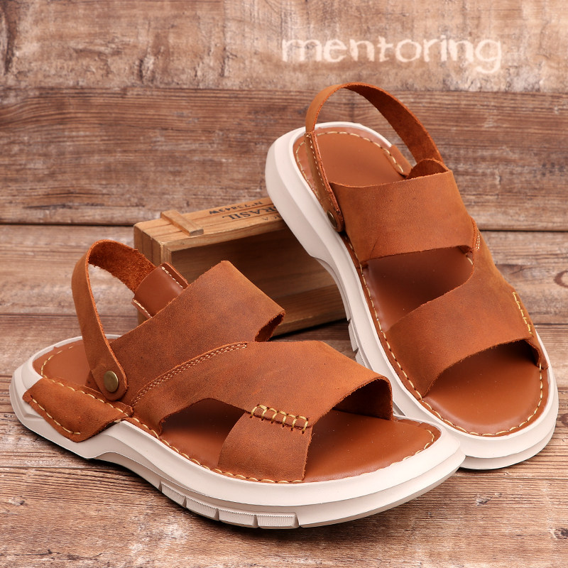 SANDALS MENS SUMMER NON-SLIP SOFT-SOLED GENUINE LEATHER THICK-SOLED ULTRALIGHT BEACH SHOES HAND-SEWN COWHIDE DUAL-PURPOSE LEATHER SANDALS