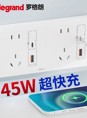 罗格朗86型带五孔usb手机充电插座TypeA+C快充USB陶瓷白色45W暗装