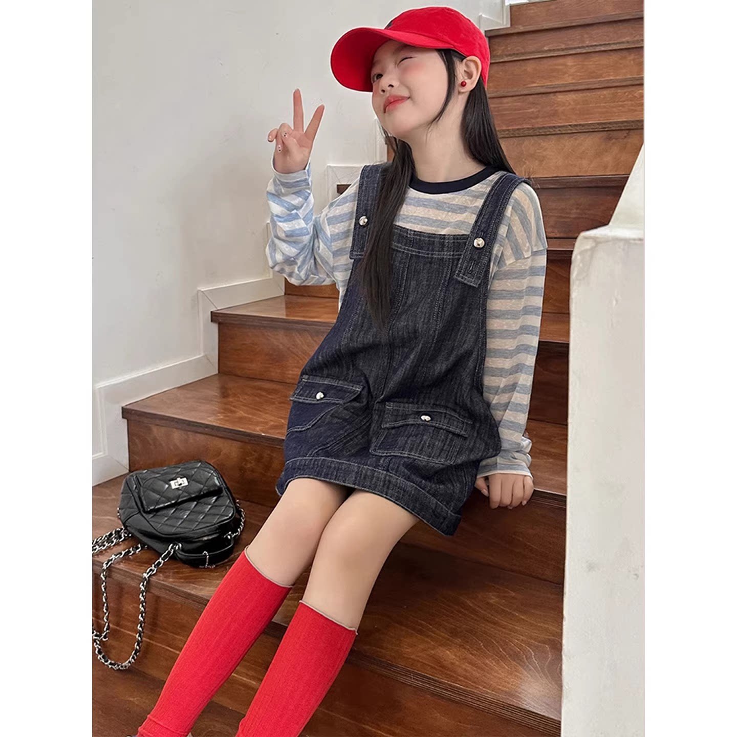 韩国童装女童牛仔背带裙春装2026新款女孩条纹长袖T恤儿童两件套