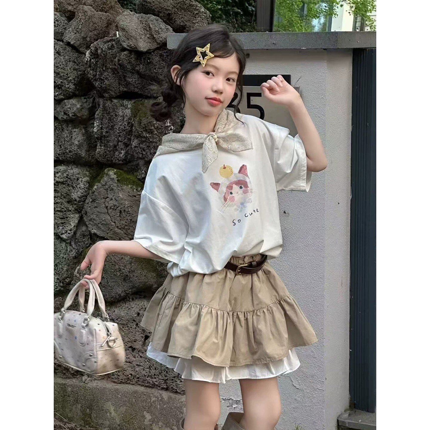 女童猫咪印花T恤套装2026夏季新款中大童韩系蛋糕裙两件套休闲装