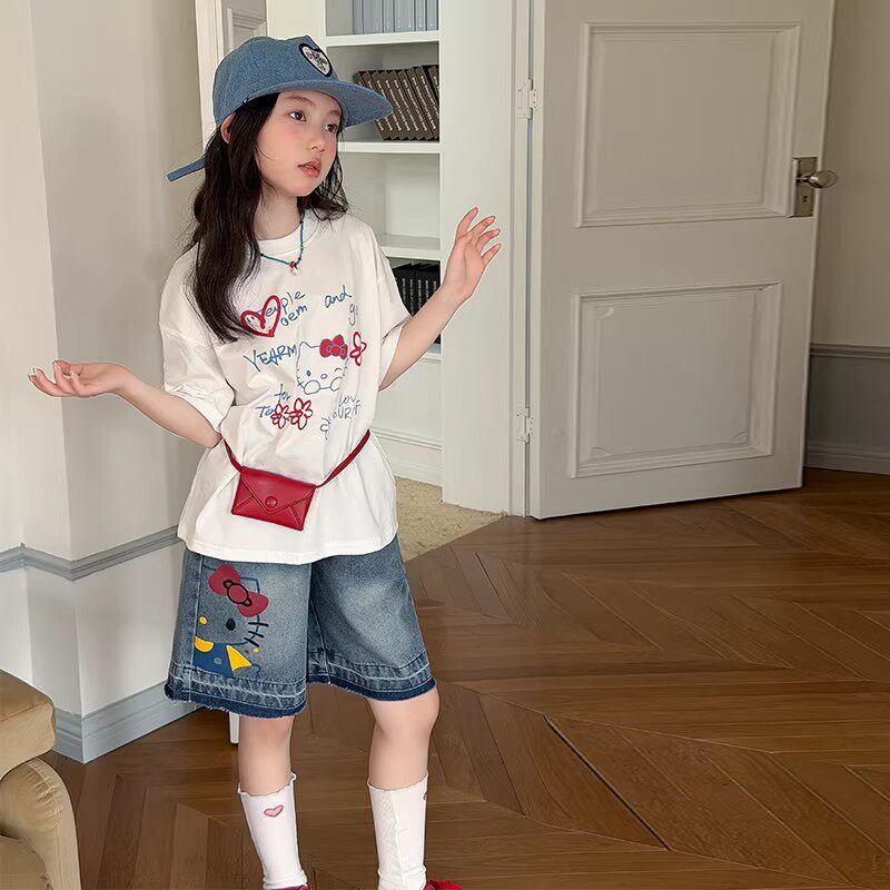 女童短袖短裤套装2026夏季新款女孩韩系卡通猫咪半袖T恤牛仔中裤