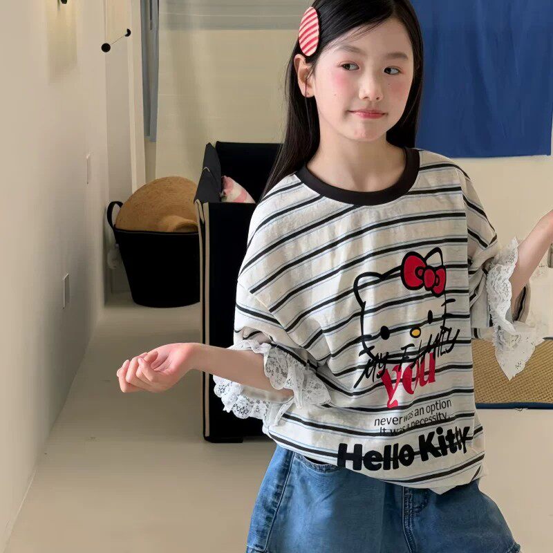 女童夏季宽松条纹T恤2026新款儿童Hello Kitty印花短袖休闲半袖