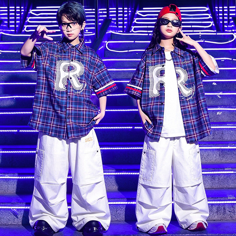 街舞儿童潮服嘻哈棒球衫短袖套装男童潮牌hiphop衬衫演出服小学生