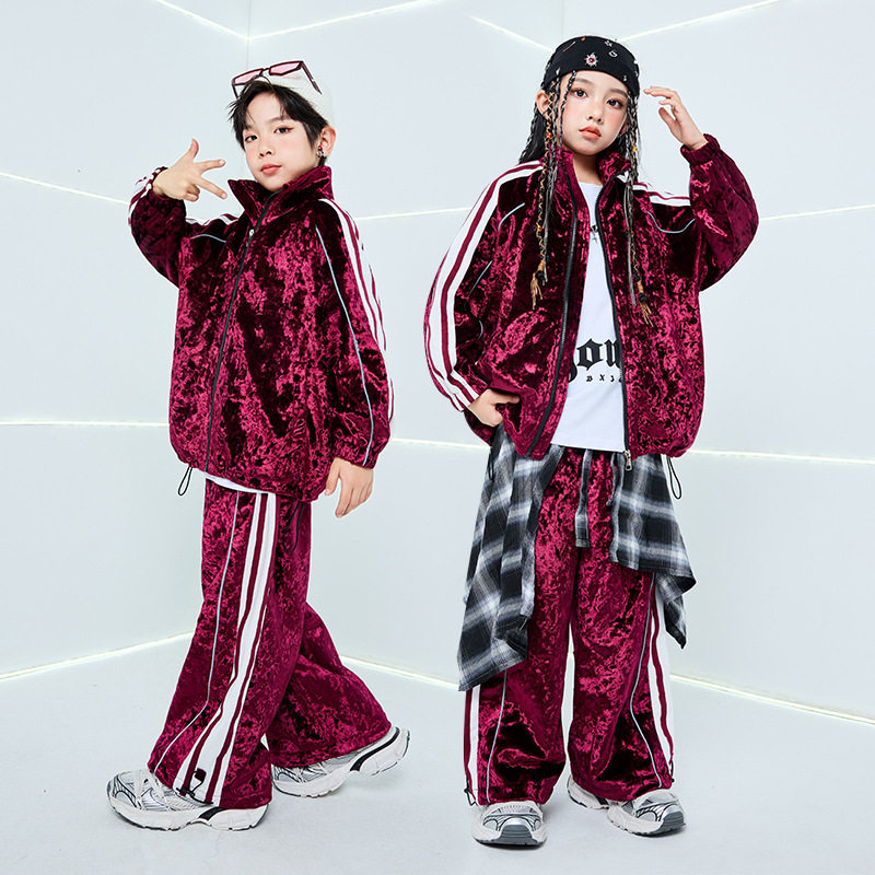 儿童街舞演出服爵士舞酒红运动套装男童潮服少儿hiphop嘻哈练功服