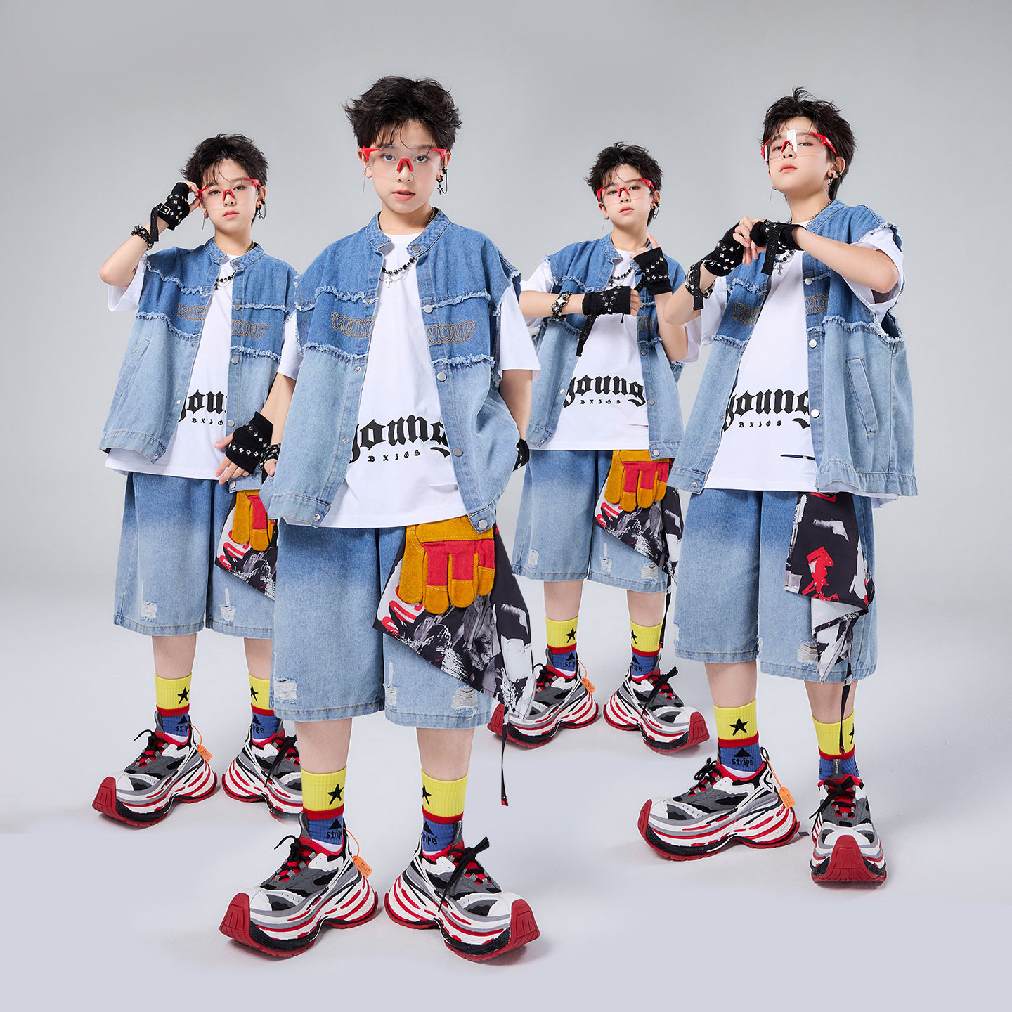 儿童街舞嘻哈架子鼓演出牛仔套装