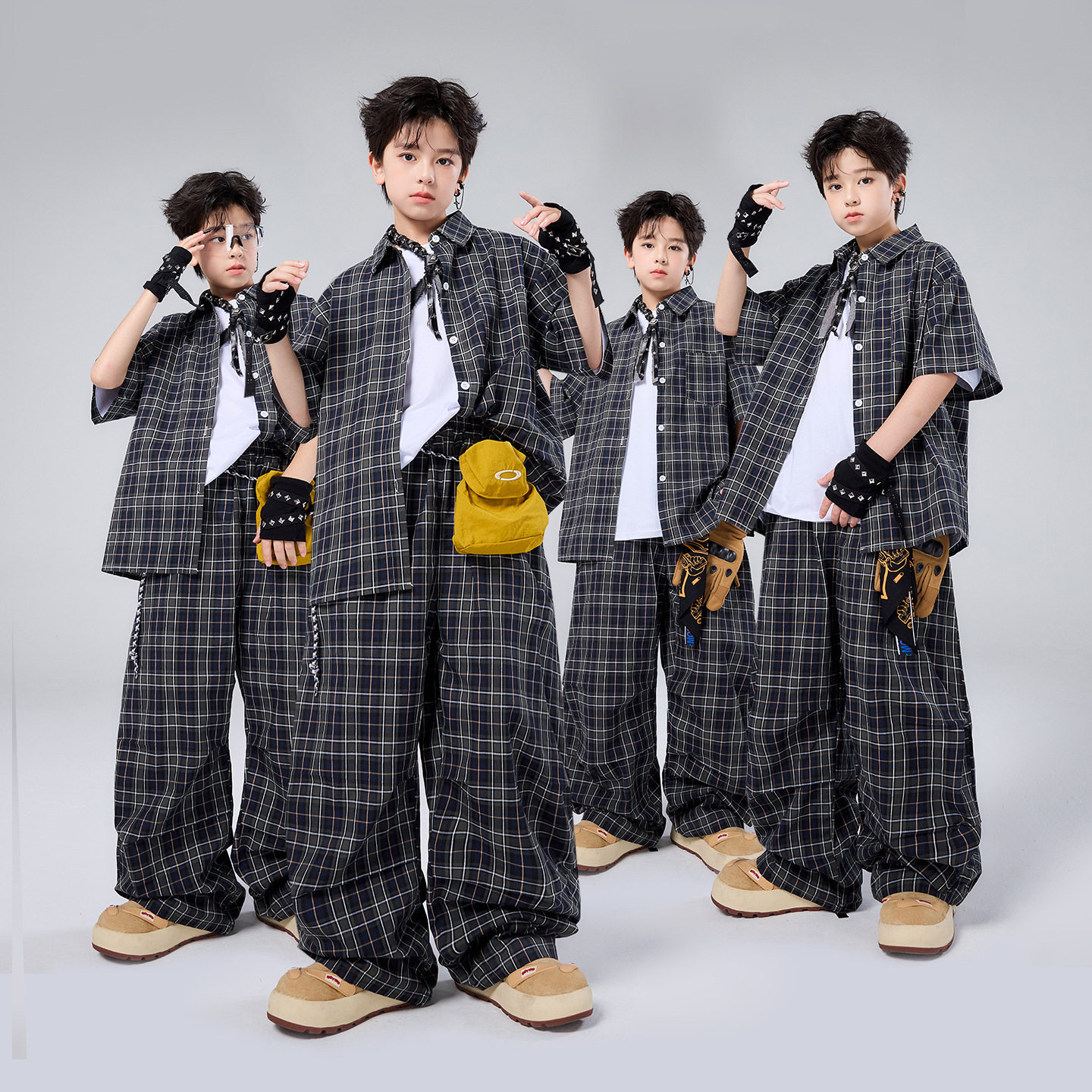 儿童嘻哈街舞架子鼓演出格子套装