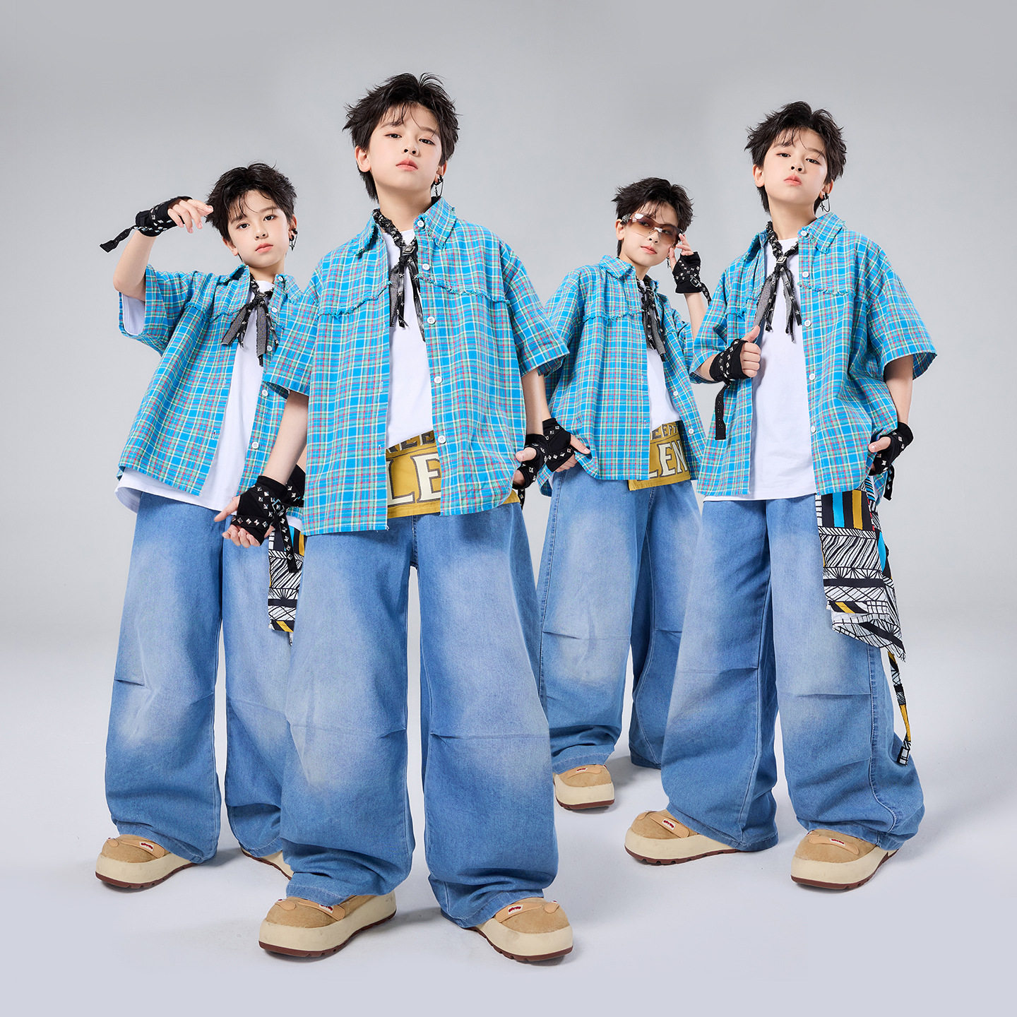 儿童嘻哈街舞演出蓝格潮酷套装