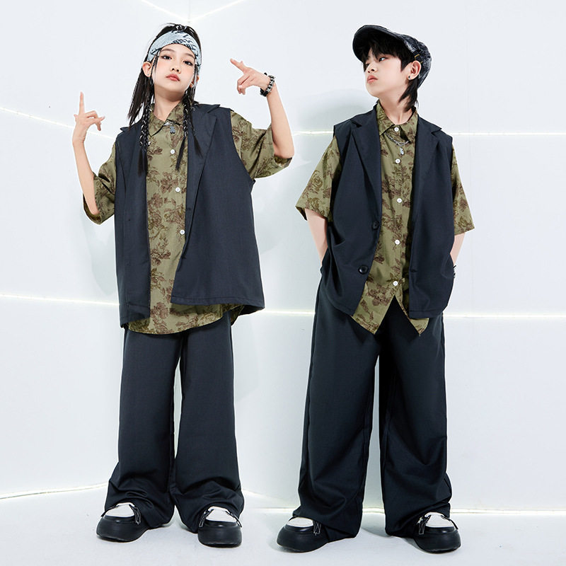 儿童街舞夏季演出服男童马甲工装裤popping套装hiphop定制印字潮