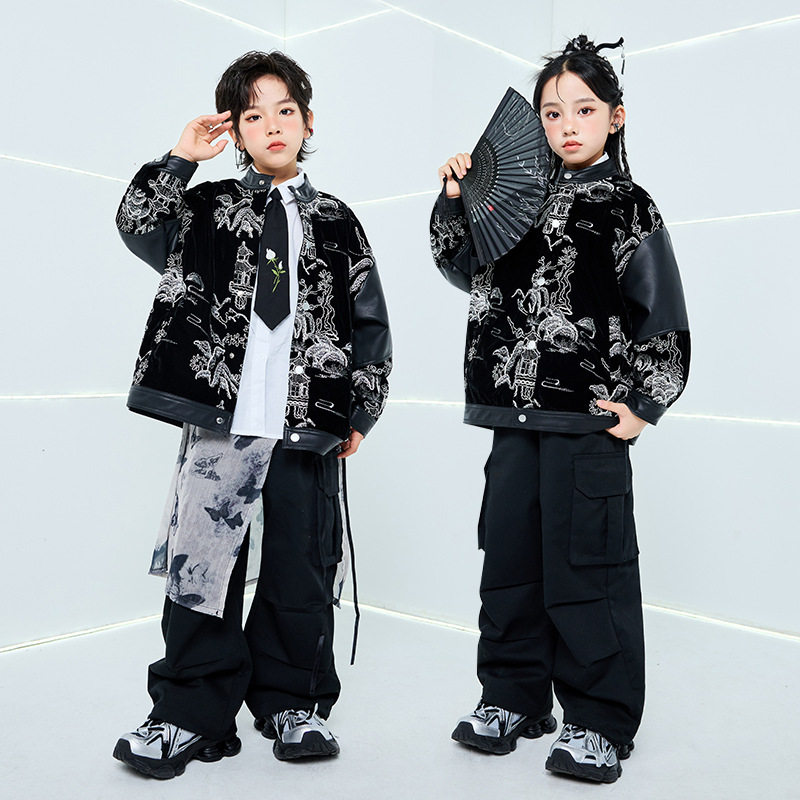 儿童街舞高档演出服爵士舞套装中国风皮衣夹克秋冬男童少儿hiphop