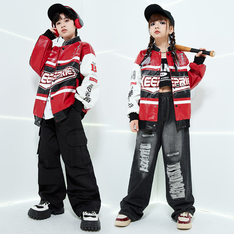 中小学生酷炫街舞套装儿童机车服皮衣夹克男童牛仔裤子套装hiphop