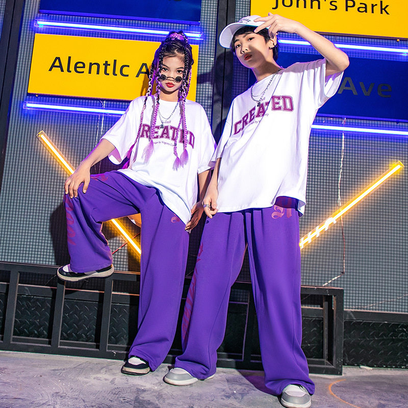 街舞儿童潮服定制T恤hiphop童装走秀男童紫裤子套装女演出服爵士