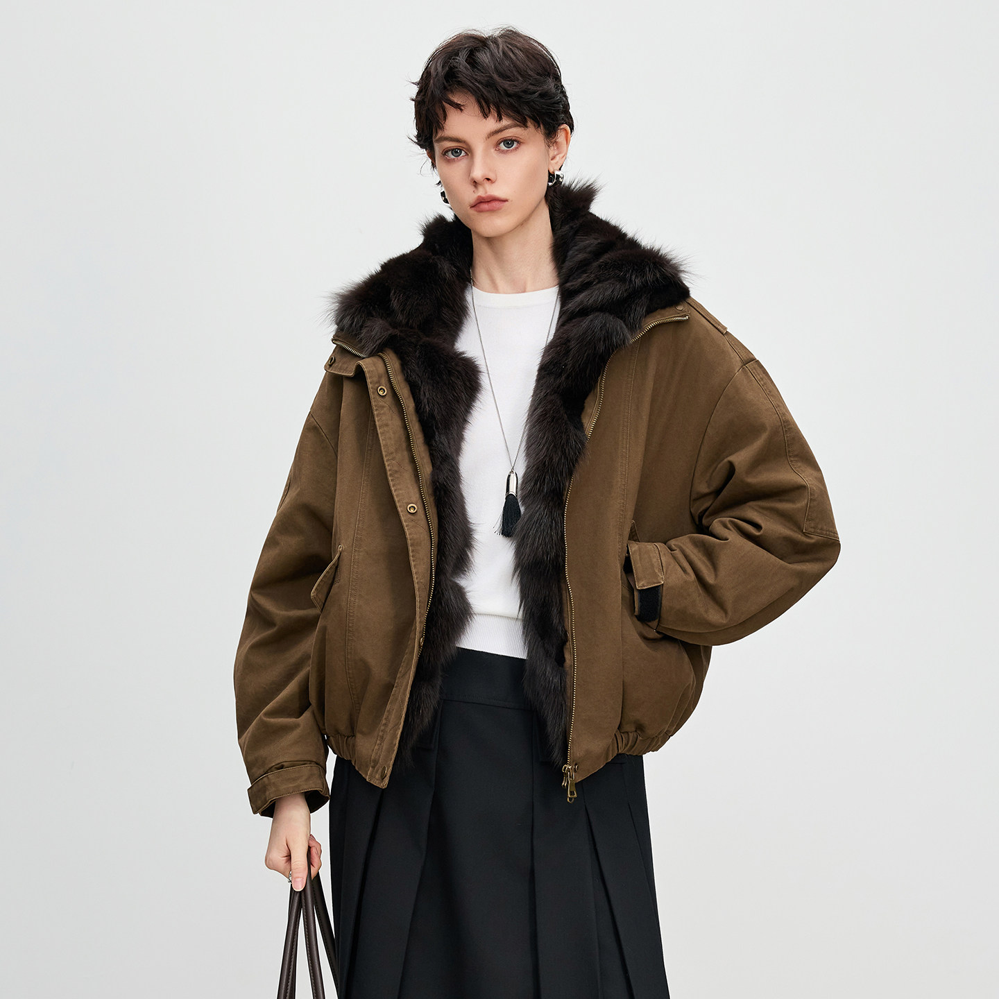 派克服女2025冬新款进口狐狸毛内胆皮草外套夹克小个子时尚年轻款
