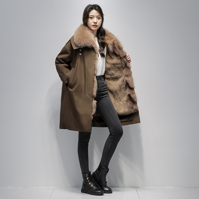 獭兔毛内胆派克服女中长款2025冬季新款皮草外套女风衣狐狸毛领