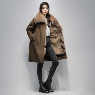 獭兔毛内胆派克服女中长款2025冬季新款皮草外套女风衣狐狸毛领