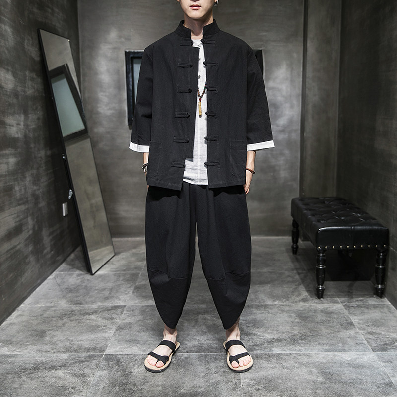 盘扣唐装 风 套装男中式棉麻 七分袖外套 电商A057-TZ13-P75图片