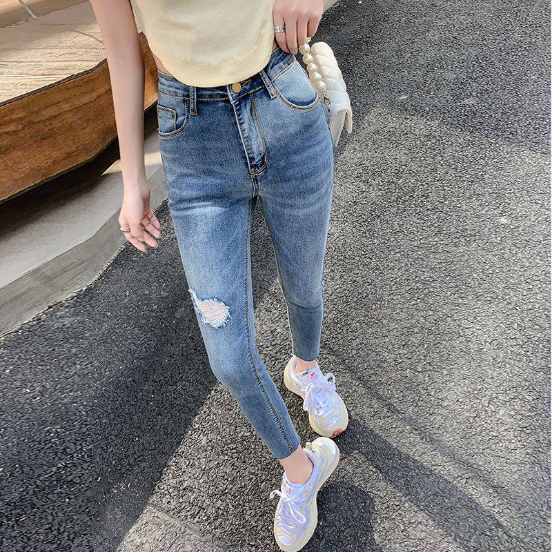 小个子春夏八分2026新款破洞爆款小脚牛仔裤女弹力紧身漏洞九分裤