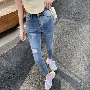 小个子秋季八分2025新款破洞爆款小脚牛仔裤女弹力紧身漏洞九分裤