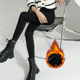 八分薄绒裤子毛边女款黑色150cm155小个子秋冬小脚牛仔裤加绒九分