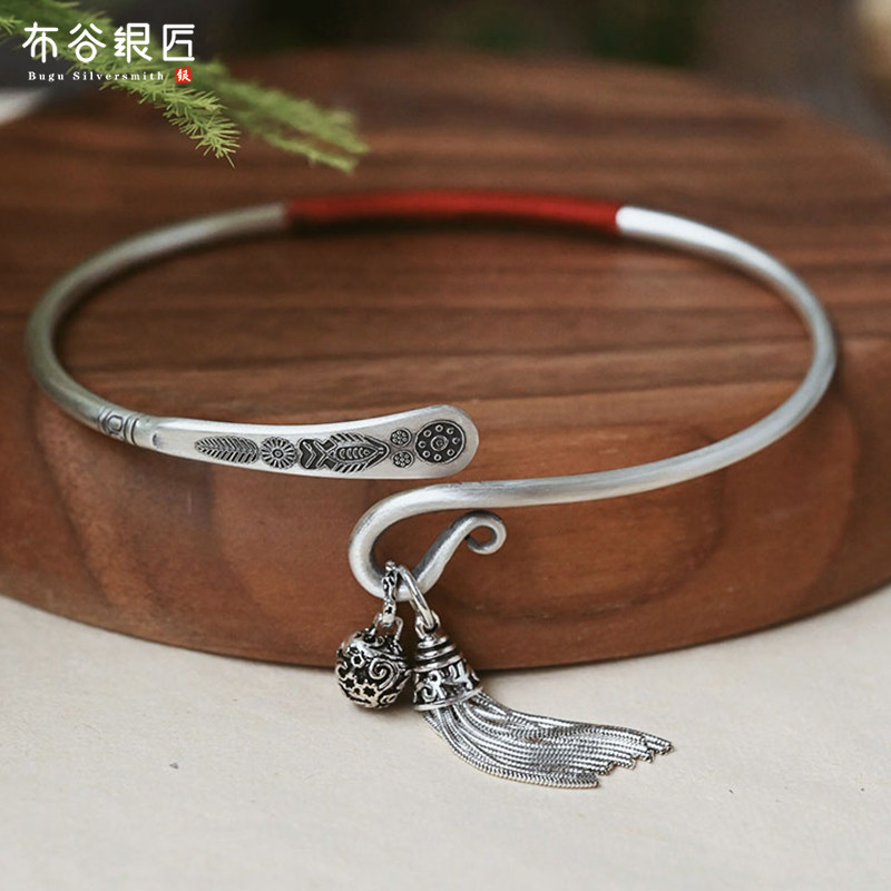 999.9足银实心脚镯女纯银古风仿古流苏铃铛开口可调节复古民族风