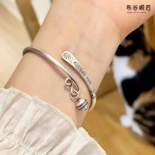 布谷银匠正品 银手镯 如鱼得水9999足银实心镯子女古法开口宫铃细款