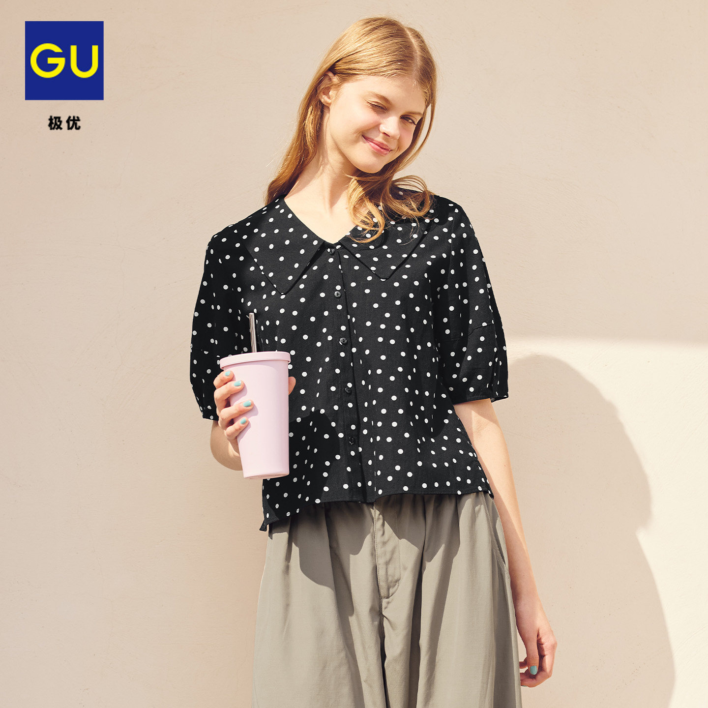 GU极优 女装大领子衬衫五分袖(波点/纯色)泡泡袖 26年夏新 360695