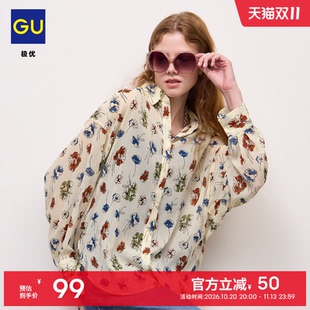 GU极优 女花式袖轻薄衬衫花朵图案长袖蝙蝠袖宽松26年秋新 361328