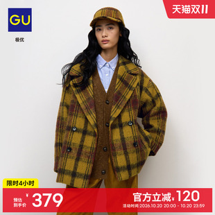 GU极优 女装格纹茧形短大衣2026秋冬大衣外套日系宽松 361777