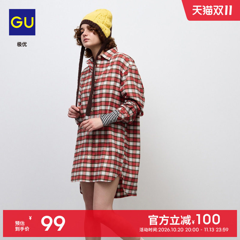 GU极优 女装法兰绒格纹衬衫式迷你连衣裙2026秋冬衬衫裙 361313