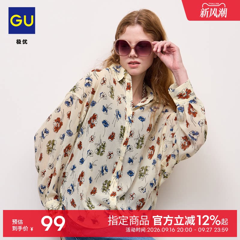 GU极优 女花式袖轻薄衬衫花朵图案长袖蝙蝠袖宽松26年秋新 361328图片
