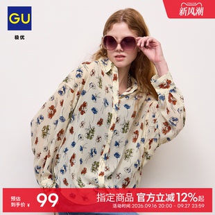 GU极优 女花式袖轻薄衬衫花朵图案长袖蝙蝠袖宽松26年秋新 361328