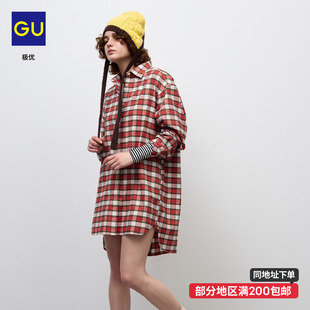 GU极优 女装法兰绒格纹衬衫式迷你连衣裙2026秋冬衬衫裙 361313