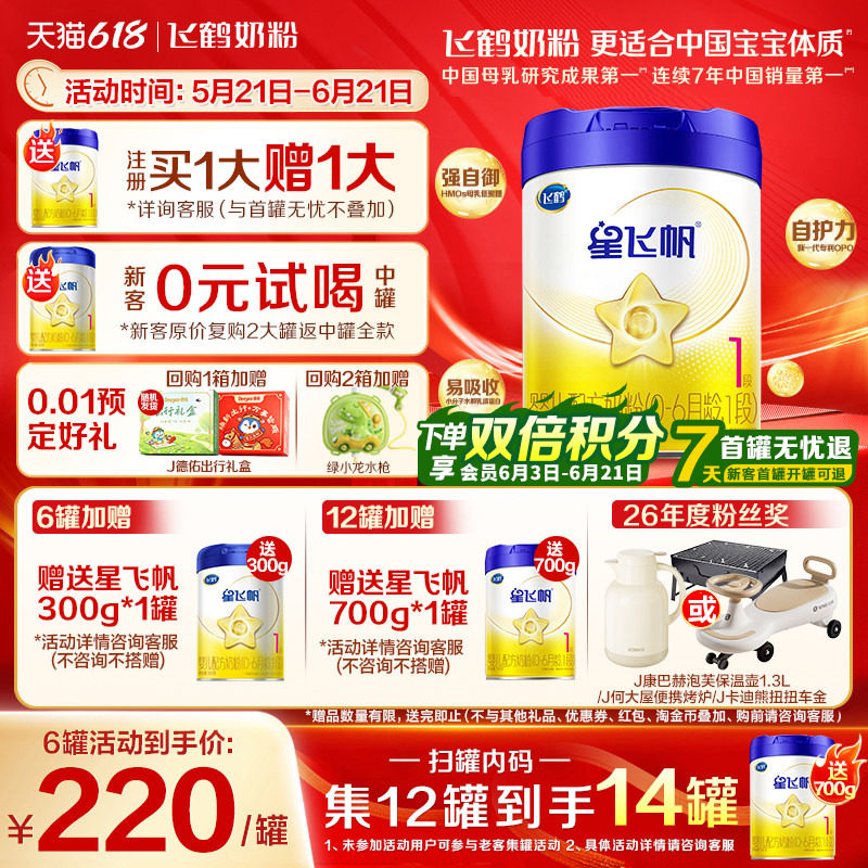 升级A2奶源】飞鹤星飞帆1段奶粉婴儿牛奶粉一段700g1罐官方旗舰店