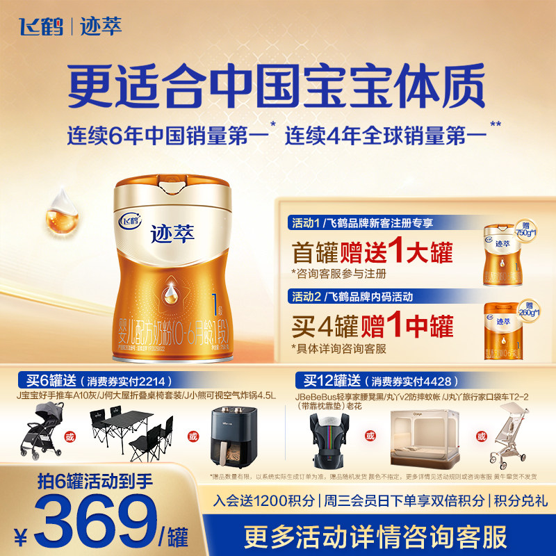注册买1送1]飞鹤迹萃1段乳铁蛋白8HMOs婴儿配方奶粉0-6月750g1罐