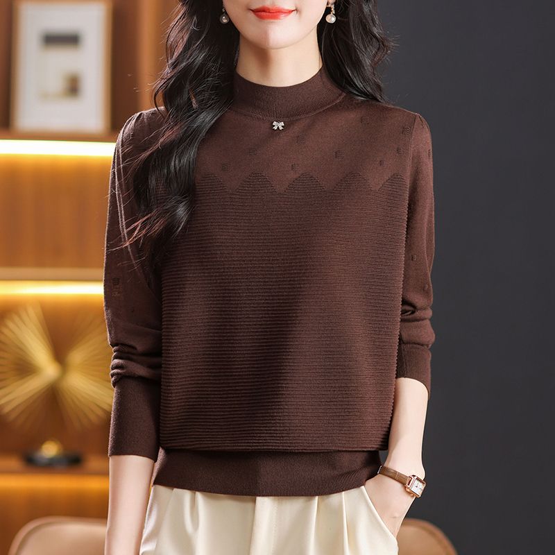 中年妈妈秋装新款半高领针织衫女宽松大码蕾丝缕空上衣春秋打底衫