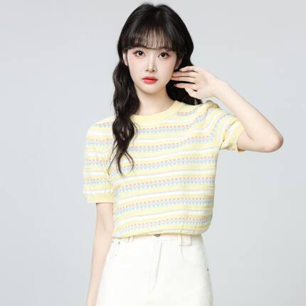 黄色条纹针织短袖T恤女2026夏季新款设计感圆领正肩体恤短款上衣