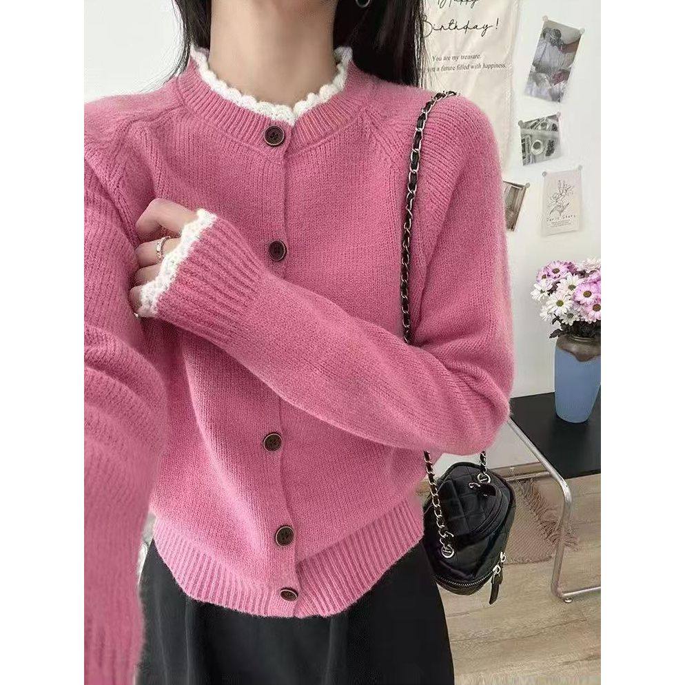 秋季新款慵懒风圆领女士毛衣外套宽松短款纯色上衣针织开衫甜美