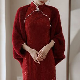 新娘结婚披肩秋冬婚礼外搭斗篷冬季 保暖红色敬酒服披风外套蝙蝠衫