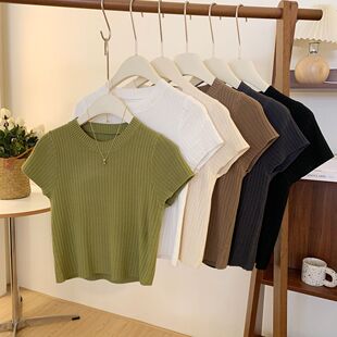 复古简约圆领短袖 女春夏韩系净色套头洋气百搭坑条打底上衣 针织衫