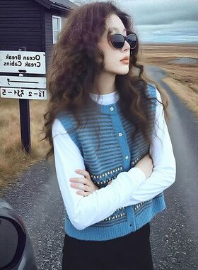 复古风费尔岛风撞色提花排扣针织马甲女秋冬短款叠穿背心蓝色外套