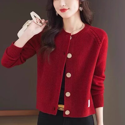 春秋装短款外穿纯色洋气开衫女圆领针织外搭长袖宽松毛衣外套百搭