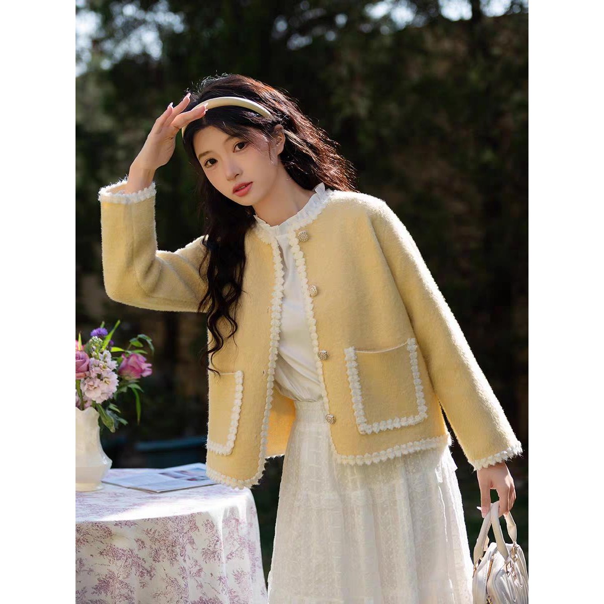 仿水貂绒小香风气质花边短款黄色外套女春秋新款韩系休闲显瘦上衣